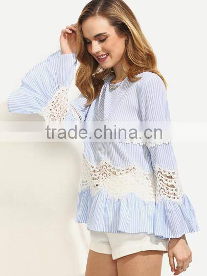 Blouses latest fashion design women clothing Blue Striped Hollow Insert Bell Sleeve Blouse