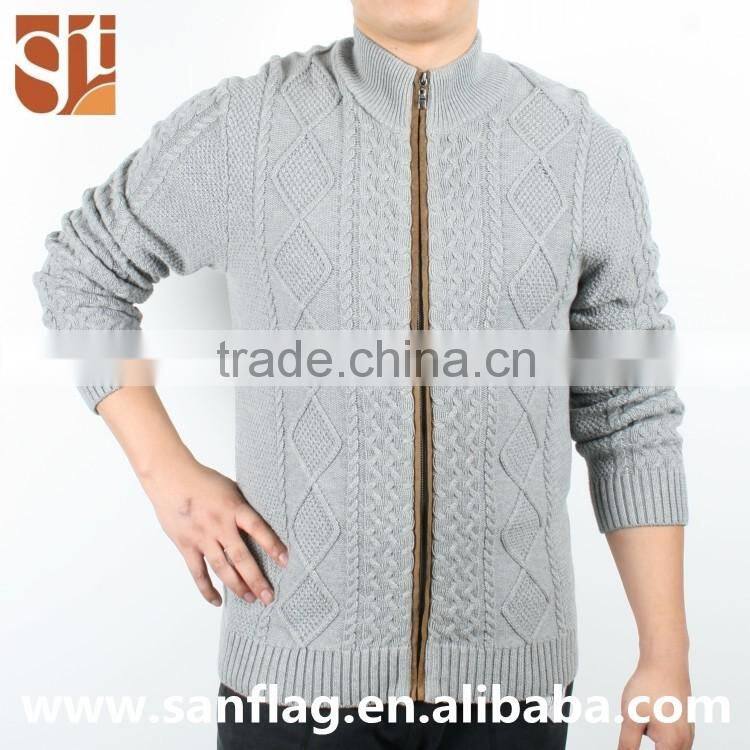 2016 new style men high neck cardigan with zip custom cotton pattern cable knit sweater made in china