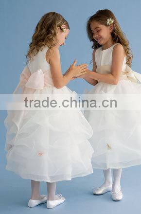 A-Line/Princess Scoop Neck cap sleeves Ankle-Length Organza Flower Girl Dress With Bow(s) Cascading Ruffles