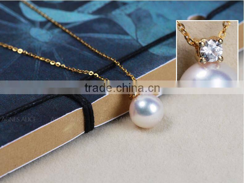 7.5-8mm AAA natural akoya seawater zircon gold pearl pendant simple design necklace, pearl pendant gold