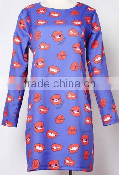 Light Blue Big Lips Print Long Sleeve Silk Dress new ladies dress