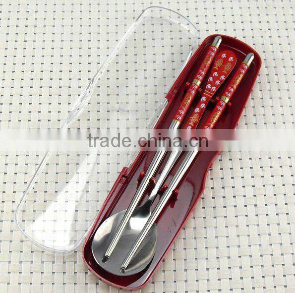 stainless steel portable cutlery set used outside composed by bowl, spoon, chopsticks