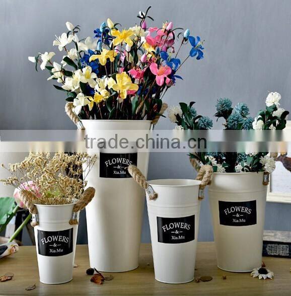 rustic metal galvanized flower plant pot with hemp rope handles