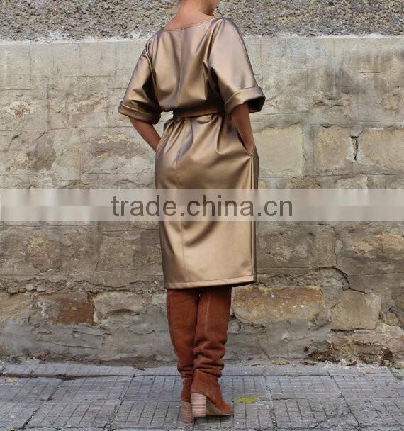 2017 Gold Metallic Fabric Evening Cocktail Dress For Fat Women Plus Size Leather Dress HSD5978