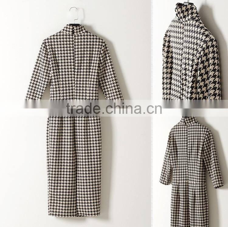 Fashion Design Ladies Houndstooth Dress Slim Fit Stand Collar Bodycon Dress