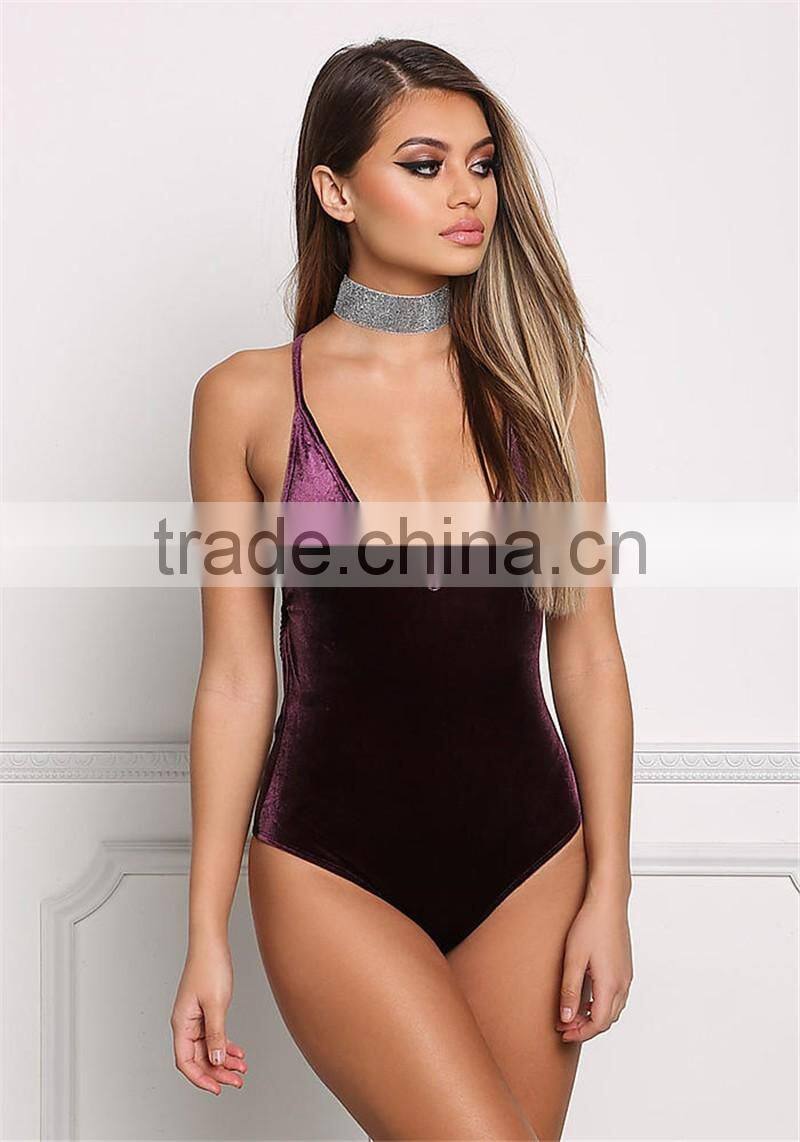 MGOO Fashion Manufacturer Purple Plunge Strap Bodysuits Velvet Blouses Cross V Neck Sexy Bloues Tops