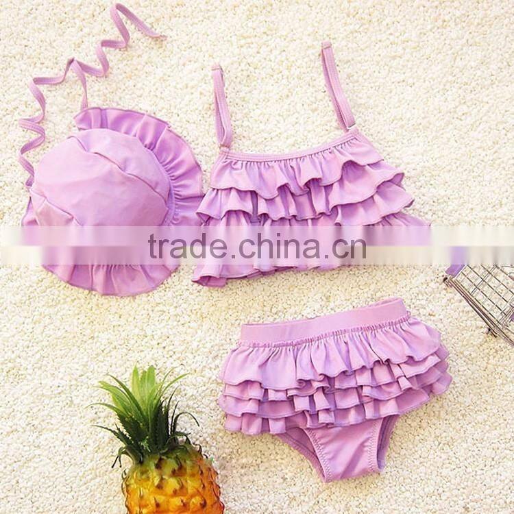 Wholesale Swimsuit Set Pink Stripe Dress Ruffle Bloomer Bowknot Headband