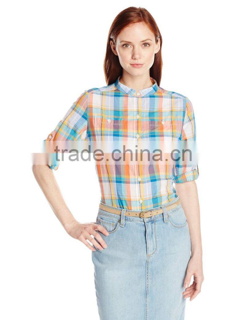 Chest pockets checked Slightly fitted mini stand collar 100 cotton blouse/shirt