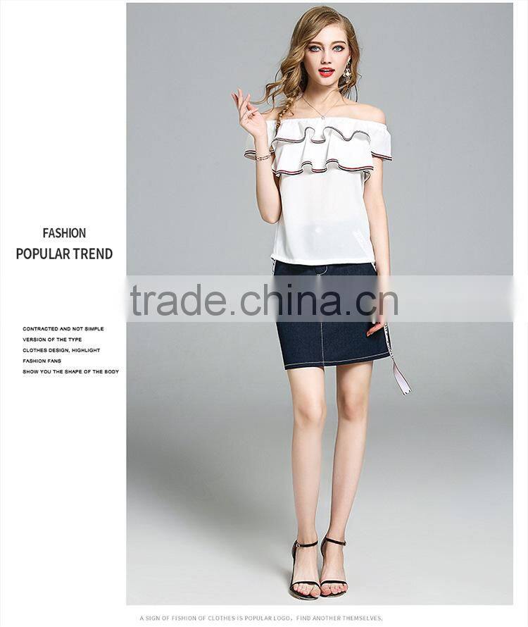 2017 fashion summer for women Fashion elegant one shoulder blouse with denim skirt two pieces