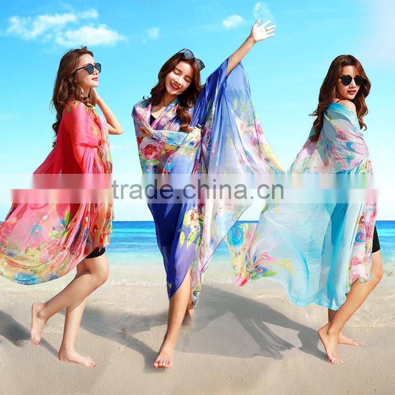 2017 new sytle long and big shawl silk chiffon scarf beach made in China