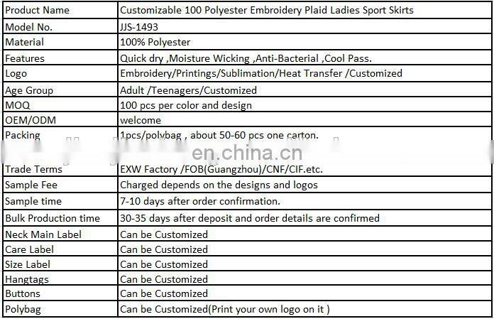 Customizable 100 Polyester Embroidery Plaid Ladies Sport Skirts