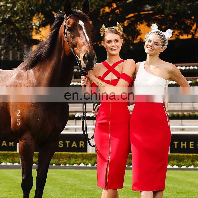 Fashion Women Red Off Shoulder Neck Cross Zip Front Bodycon Bandage Dress