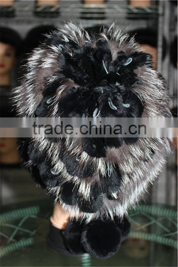 Real Mink Fur Beanies With Silver Fox Fur Pompom Handmade Knitted Hat For Ladies