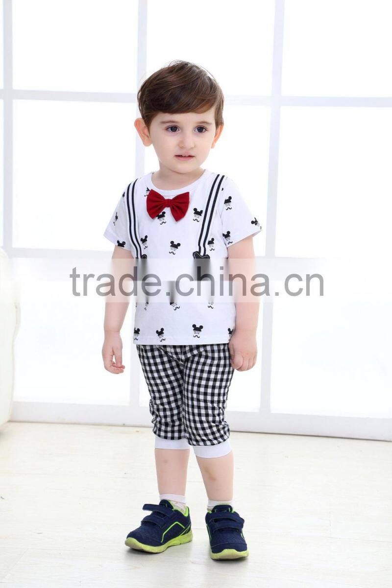 Korean Style Cute Baby Boys Summer Short Sleeve Cotton T-shirt & Grid Pants Baby Clothing Sets