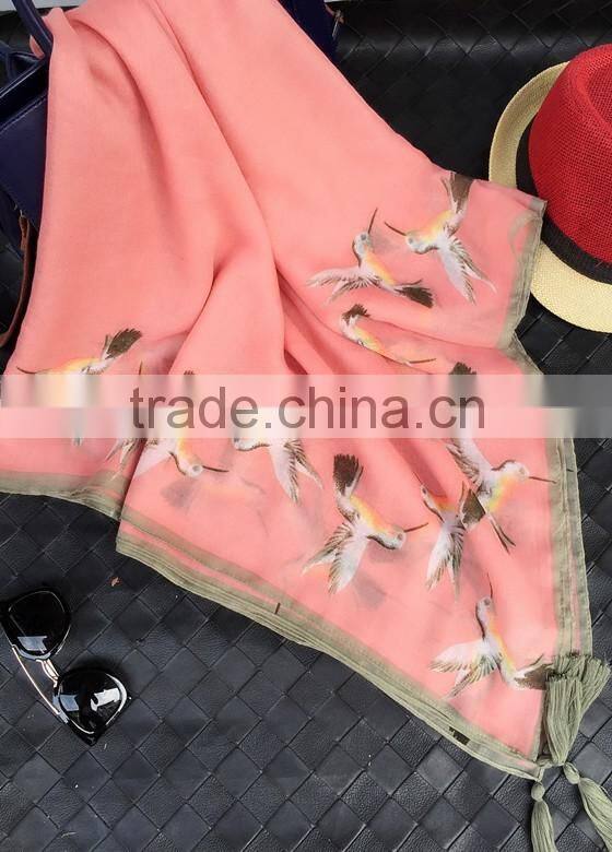 Fashion Beautiful Bird Print Large Thin Plain Cotton Square Scarf with Tassels