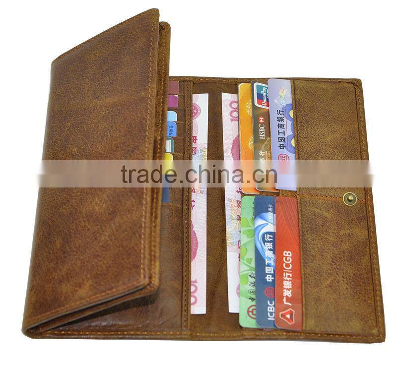 Multifunction high quality long three folds rfid leather wallet with button