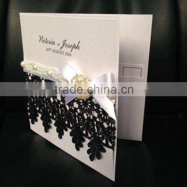 Acctractive silk tie lace edge wedding invitation cards with pearl decoration