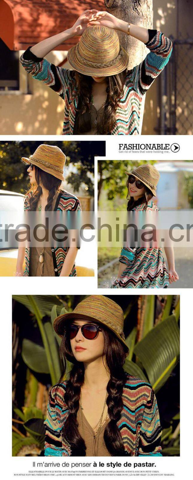 Fedora straw caps with braided rope casual style striped hats