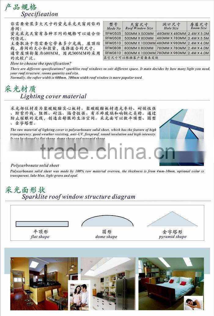 pyramid polycarbonate dome skylight with round frame, high transmission dome skylight