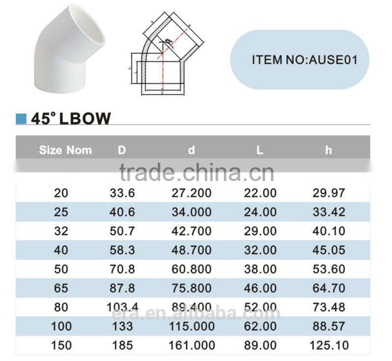 Australian top quality 45 degree elbow pool fitting for pressure pipe with WaterMark ERA brand construction material