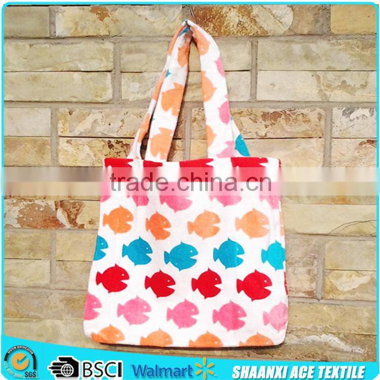 Simple white color blue logo printed tote beach towel bag