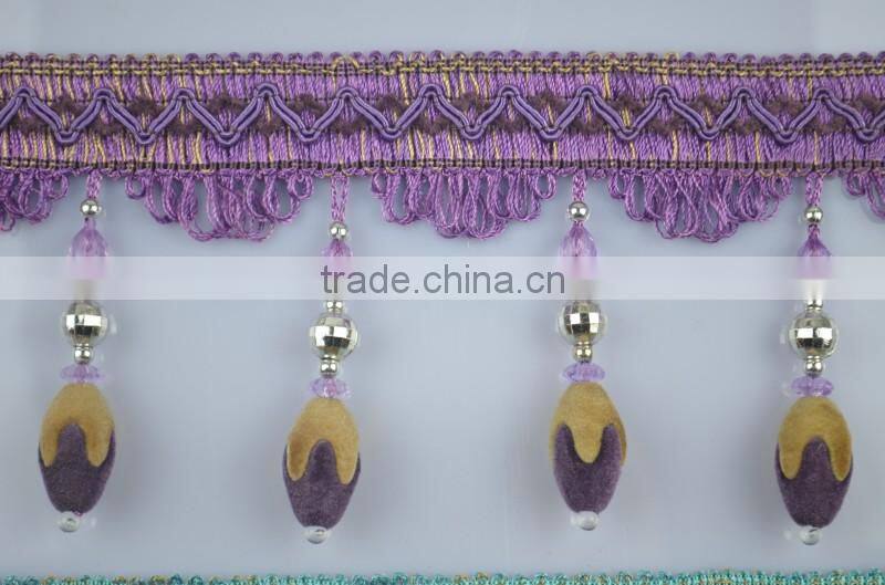 polyester curtain bead lace trim,beaded fringe trimming