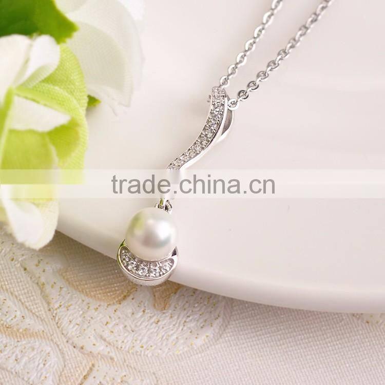 Simple Design 925 Silver Pearl Dangling Pendant Necklace for Party & Wedding