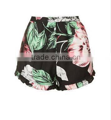 OEM and ODM Service 100% Viscose Frill Trim Hem Print Summer Casual Shorts Women Casual Shorts
