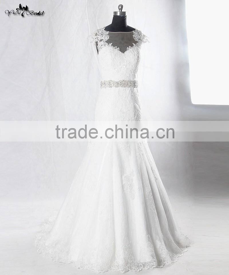 RSW928 Cap Sleeves Illusion Neckline See Through Back Lace Wedding Dresses Mermaid With Detachable Train