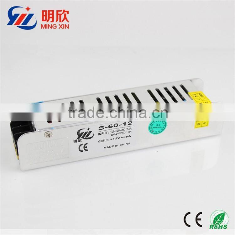 12v 24v 60w strip shape power supply , slim case dc 12v 5a 60w led driver help you save space