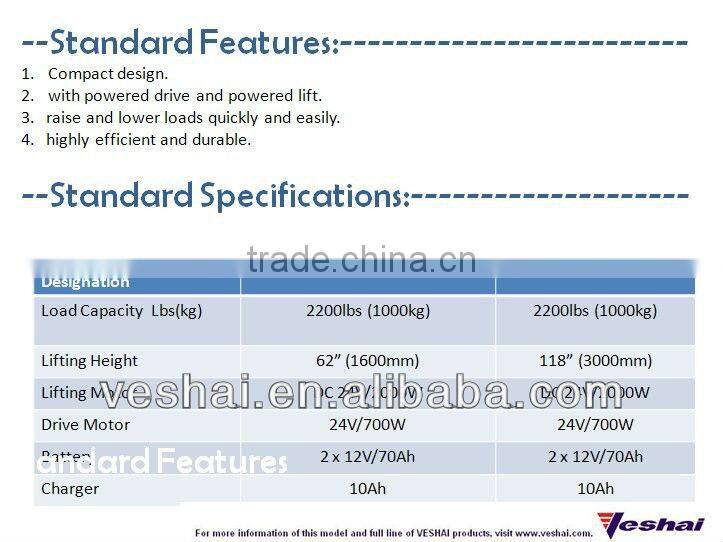 1TON 3M Veshai Forklift with powered drive and powered lift VH-PWS-100/30-FA