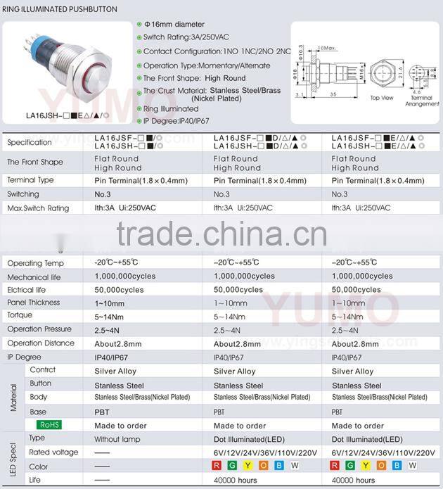 LA16JSF-11E-IP67-S ROHS 16mm flat round 1NO1NC momentary screw terminal 2A/36VDC push button membrane switch with 3m adhesive