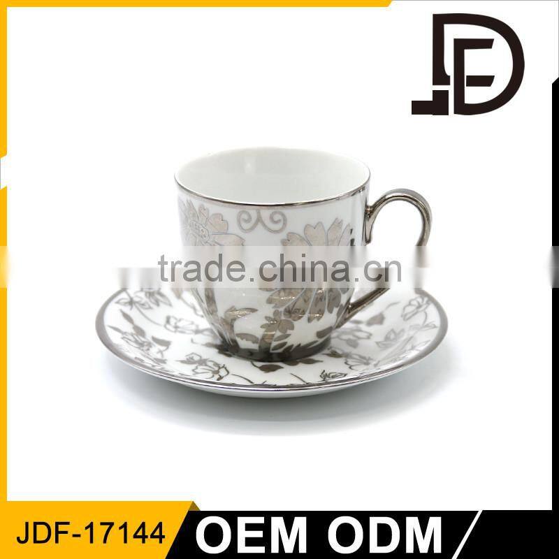 Silver line fine ceramic tea cup set / porcelain vintage cup and saucer with gold decal