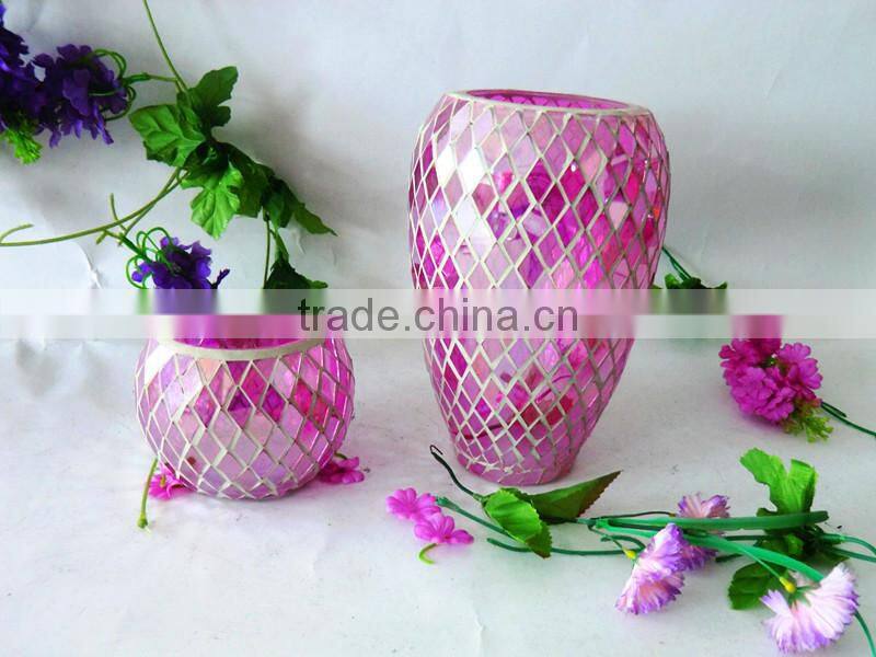 Wedding Decor Romantic Pink Mosaic Glass Flat Oval Shape Cheap Blown Decorative Modern Vases
