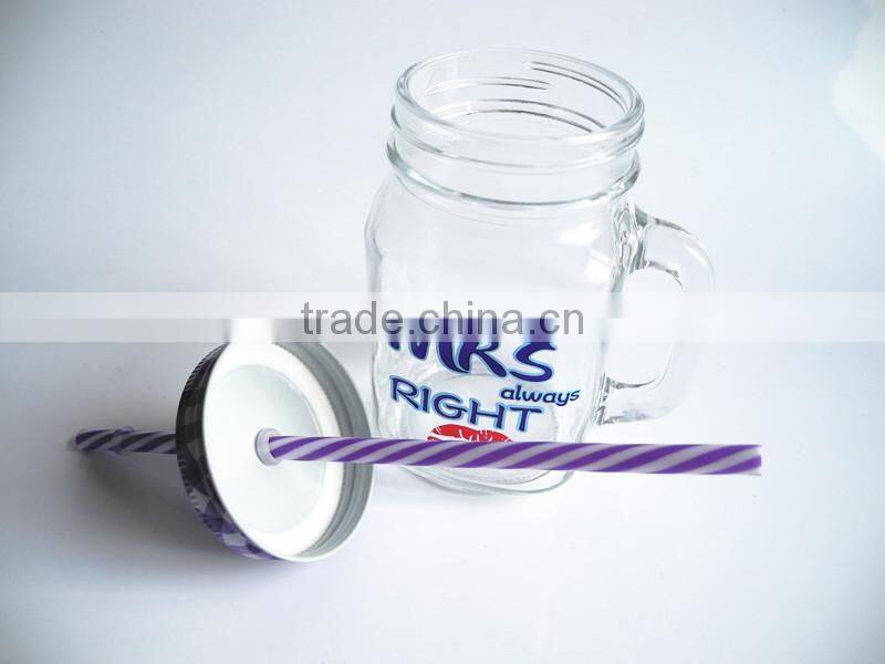 printed beverage use glass mason jar with fruit lid straw