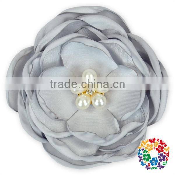 pink pearl rhinestone center handmade satin ribbon fabric flower