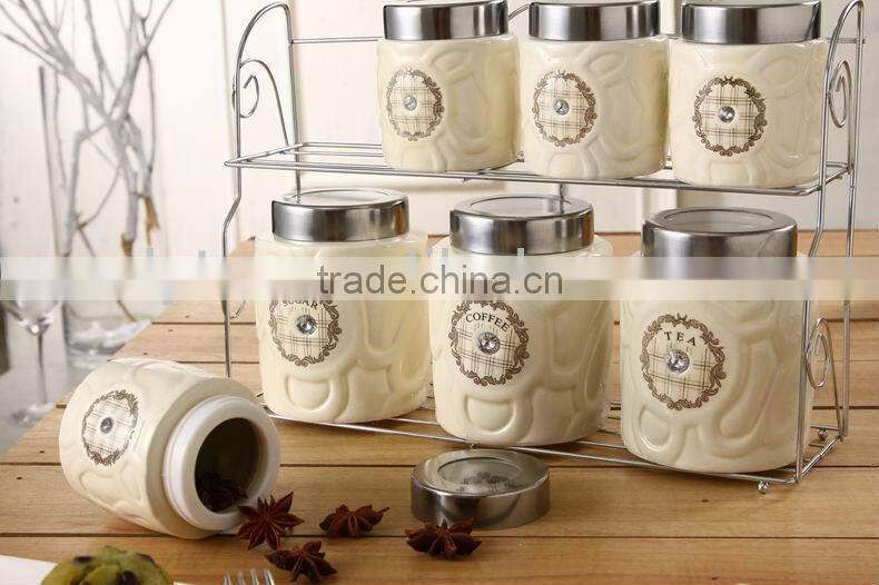 ceramic canister set with stainless metal stand