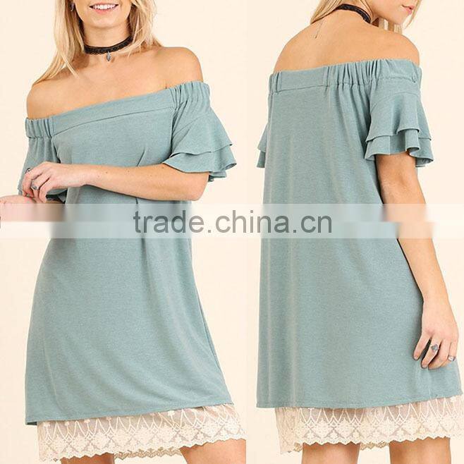 lace wear women off the shoulder neckline short Ruffle Layer bell Sleeves Dress