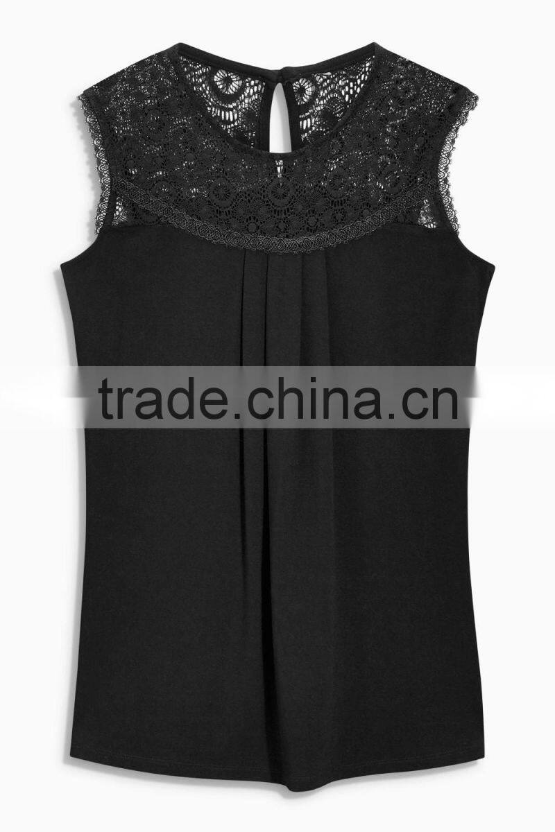 2016 Fashion Jersey Sleeveless Top With Beautiful Lace Yoke HST8033