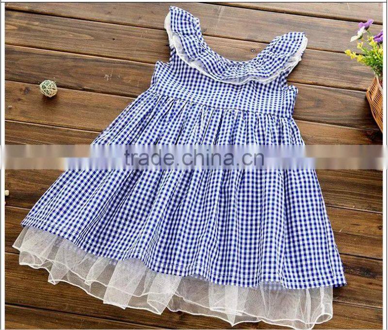 New fashion kids clothing designer one piece dress bule plaid children princess summer dress