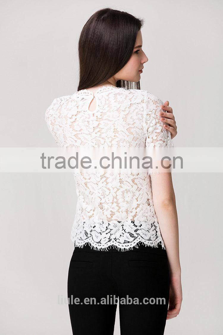 2016 latest white short sleeve fashion crochet lace top for ladies