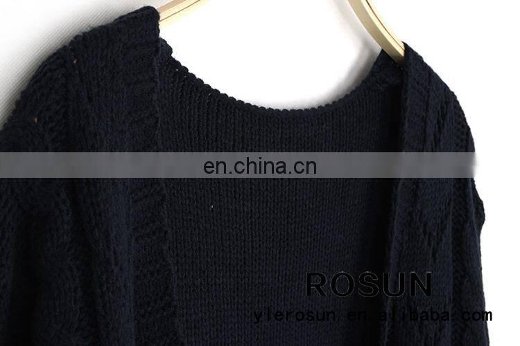 Western style thick knit striped sweater hollow out design hand knitted girls cardigan