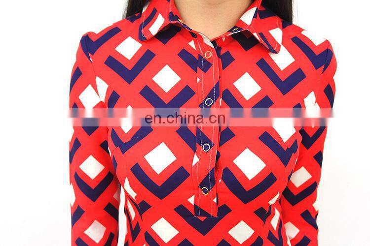 High end retro printing big lapels Knitted Cotton dress temperament Slim Casual Dresses