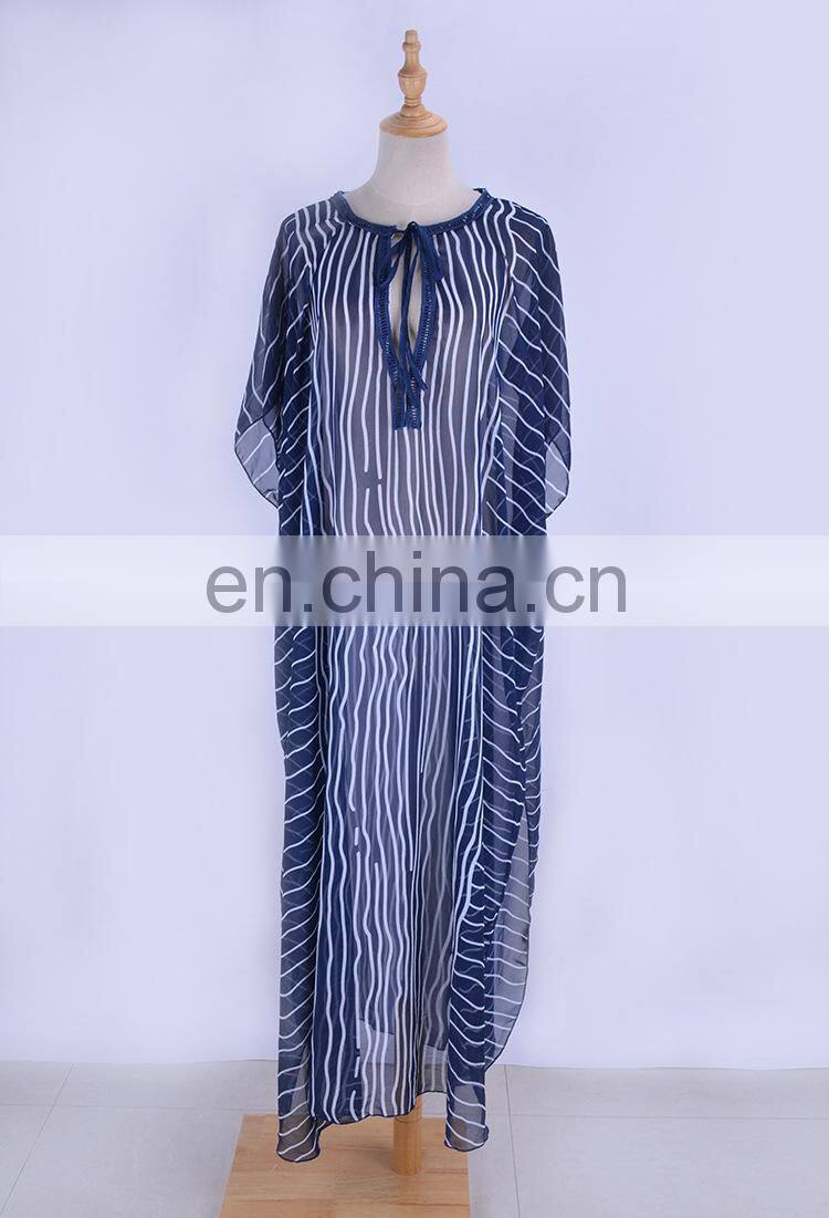 2019 Dark Blue Striped Deep V-Neck Bats Sleeve Loose Summer Dress Beach Kaftan Plus Size Women Beachwear Maxi Dress Sarong