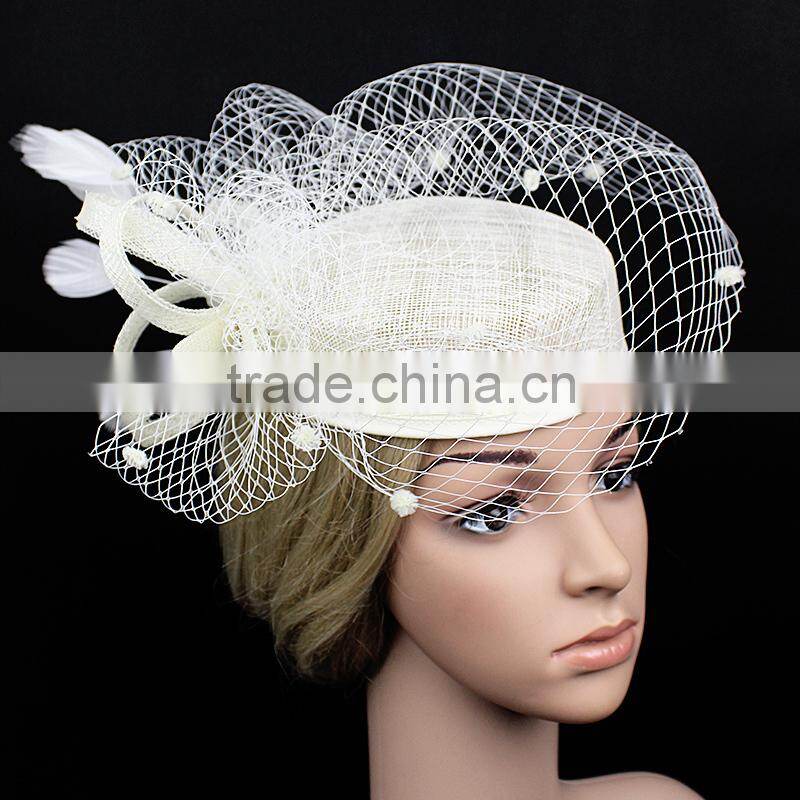 New Design Fashion Fascinator Birdcage Veil Sinamay Plain Church hat With Feather