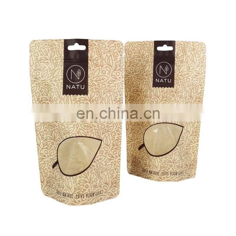 Recyclable food packaging stand up pouch laminated heat seal kraft paper bag smell proof zipper doypack with transparent window