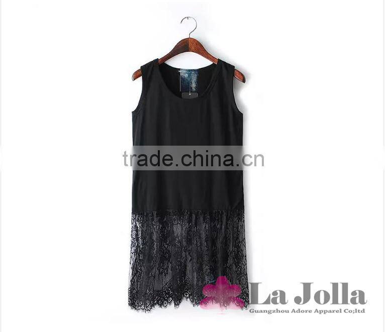 Ladies fashion sleeveless long blouse black lace stitching rayon cotton long tail t shirt