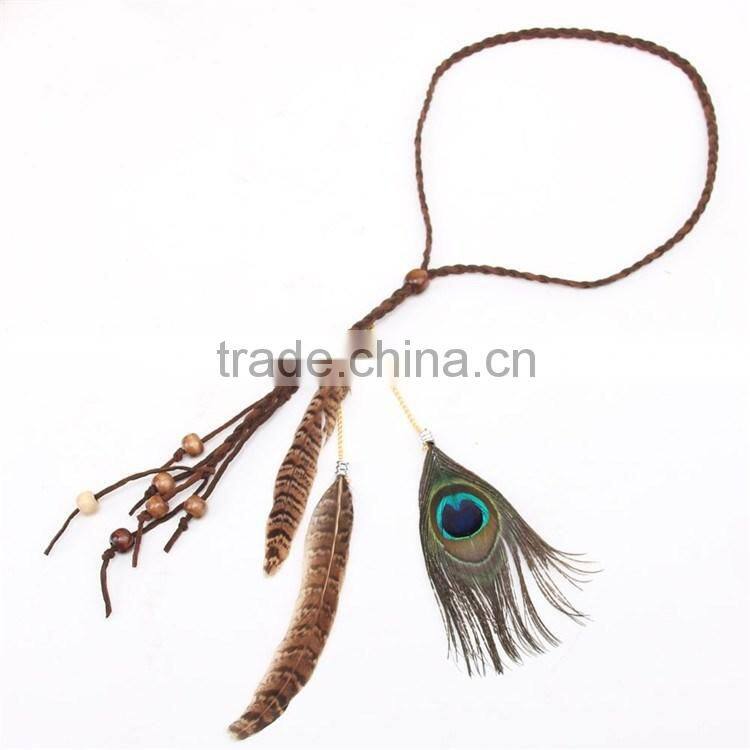 DSHB01 Tribal hair band indian peacock feather pendant headband golden leaves rope knitted belt elastic hairband