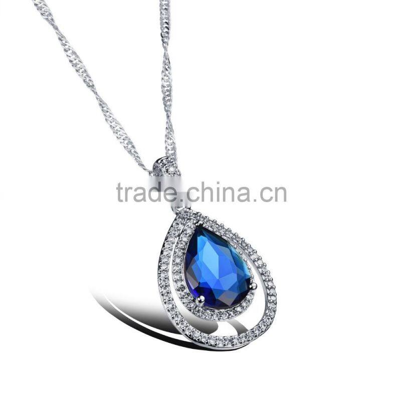 wholesale fashion jewelry in 2016 big blue zircon necklace with charm for love gift