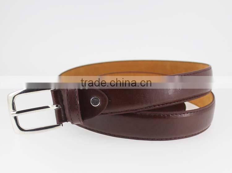 Sample style thin brown pu leather man belt for jeans with shiny silver metal square accessories in YiWu